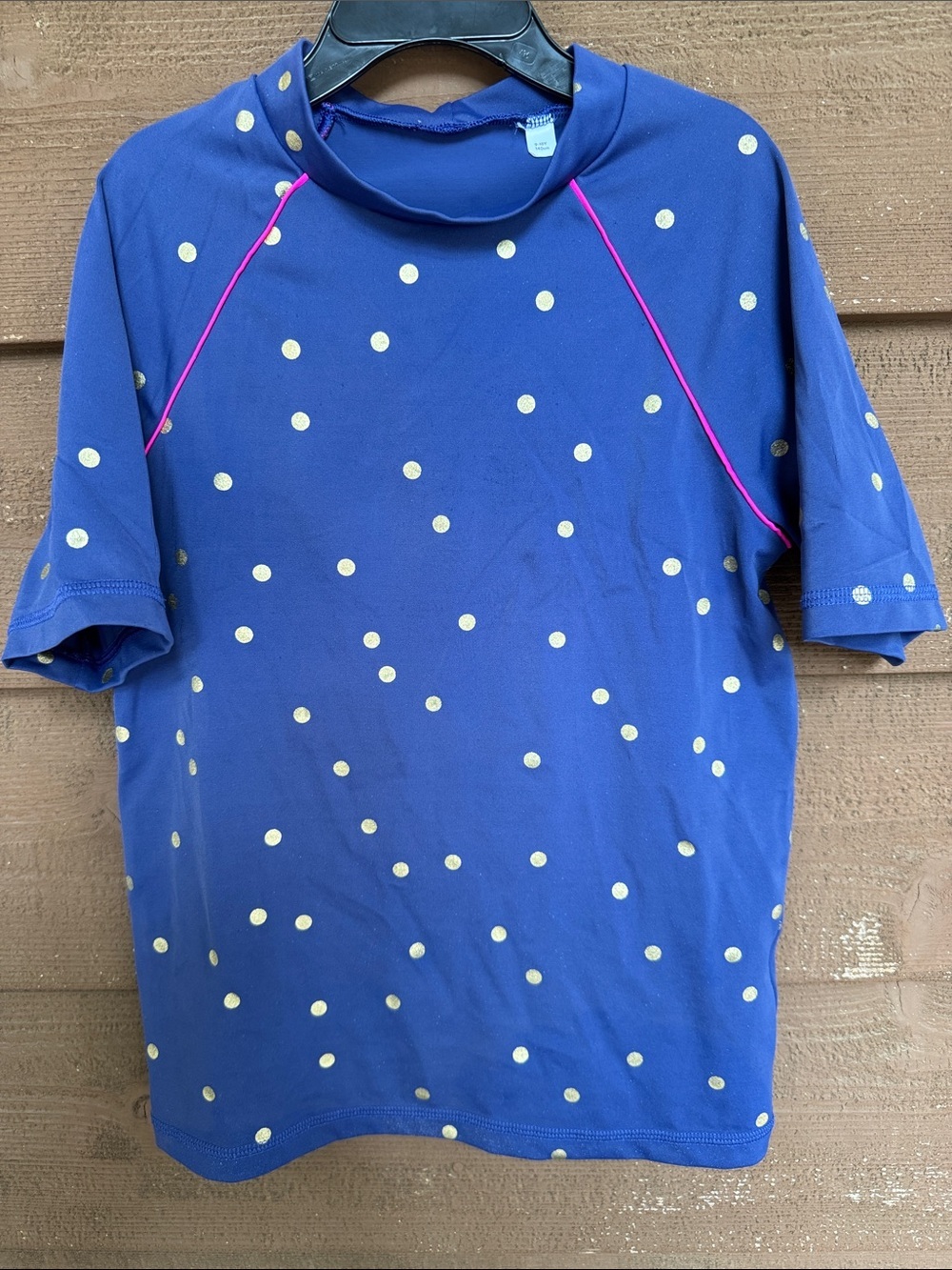 Boden Girls Blue Polka Dot Rash Guard with Pink Piping size 9-10